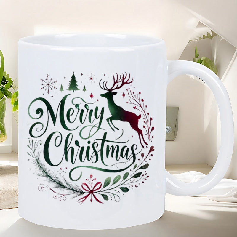 Tailorly White Ceramic 11 oz Mug - Merry Christmas Festive Jumping Silhouette Among Pine Trees And Delicate Snowflakes Reindeer