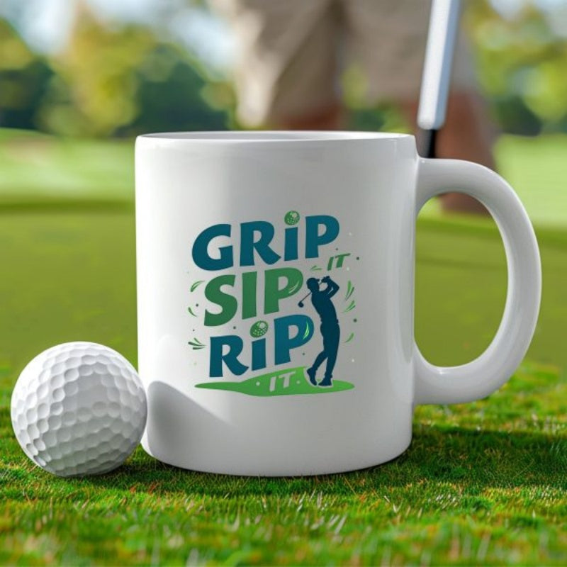 Tailorly White Ceramic 11 oz Mug - Grip It Sip It Rip It Dynamic Action Silhouette Standing On Green Grass Within Outdoor Park Golfer