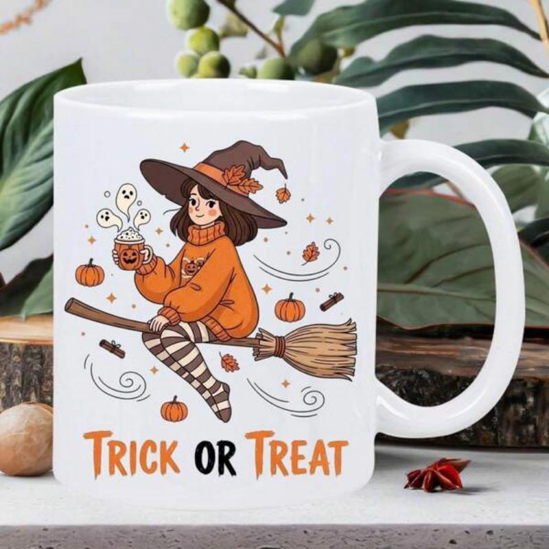 Tailorly White Ceramic 11 oz Mug - Trick Or Treat Charming Little Girl In Orange Sweater Flying On Magic Broomstick Witch