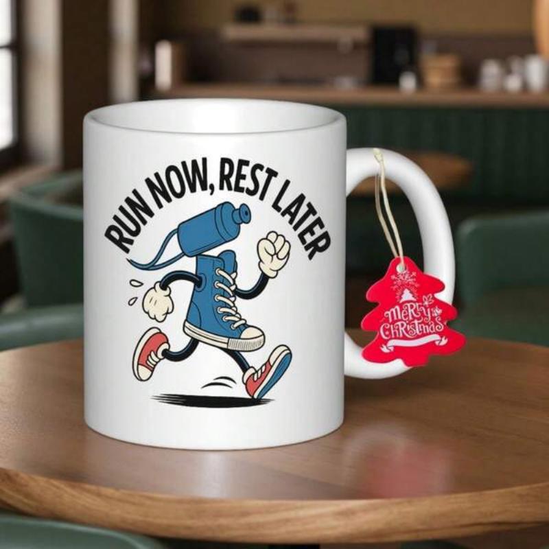 Tailorly White Ceramic 11 oz Mug - Run Now Rest Later Anthropomorphic Blue Sneaker Character With Water Bottle Head Sprinting Energetically Runner