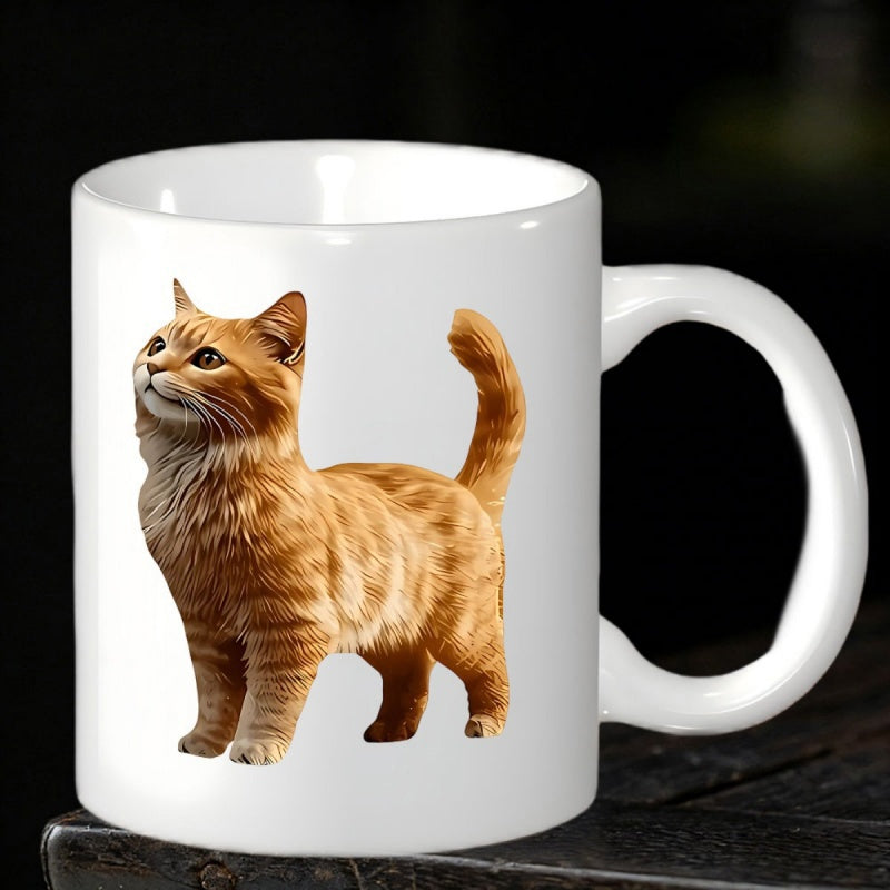 Tailorly White Ceramic 11 oz Mug - Charming Ginger Cat Standing Gracefully While Looking Upward With Curious Eyes Cat