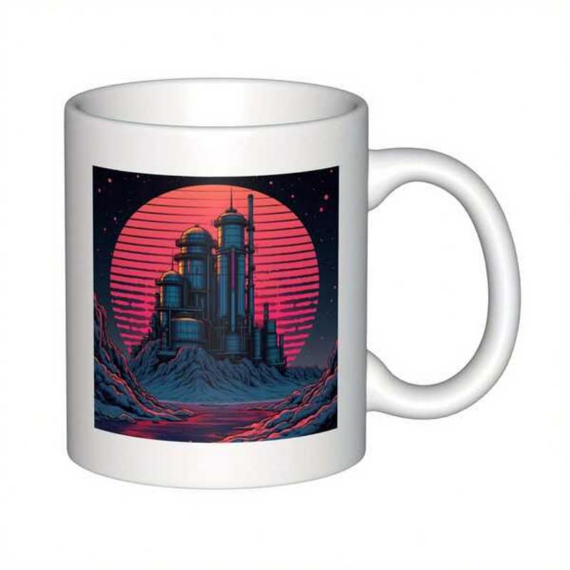 Tailorly White Ceramic 11 oz Mug - Futuristic Retro Industrial Skyline Glowing Under Large Striped Sunset City