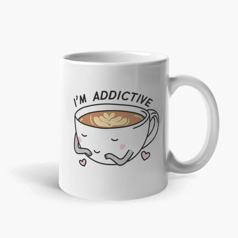 Tailorly White Ceramic 11 oz Mug - I'm Addictive Minimalist Smiling Latte Cup Surrounded By Floating Pink Hearts Cup