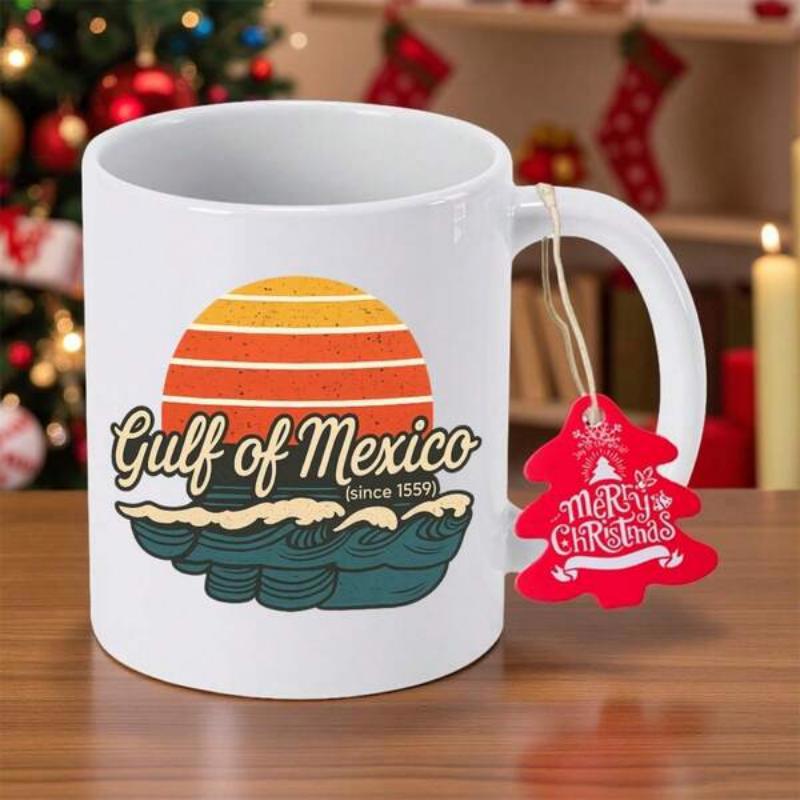 Tailorly White Ceramic 11 oz Mug - Gulf Of Mexico Vintage Retro Striped Sun Setting Over Stylized Ocean Waves Sunset