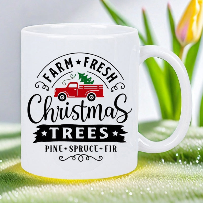Tailorly White Ceramic 11 oz Mug - Farm Fresh Christmas Trees Pine Spruce Fir Vintage Red Truck Carrying Evergreen Tree Amidst Decorative Stars Truck