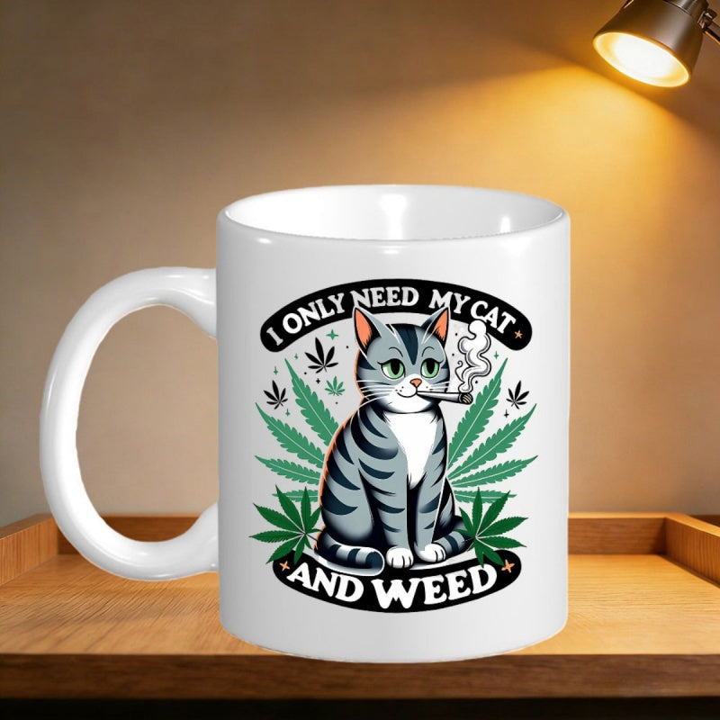 Tailorly White Ceramic 11 oz Mug - I Only Need My Cat And Weed Gray Striped Feline Sitting Among Green Botanical Leaves Smoking Cat