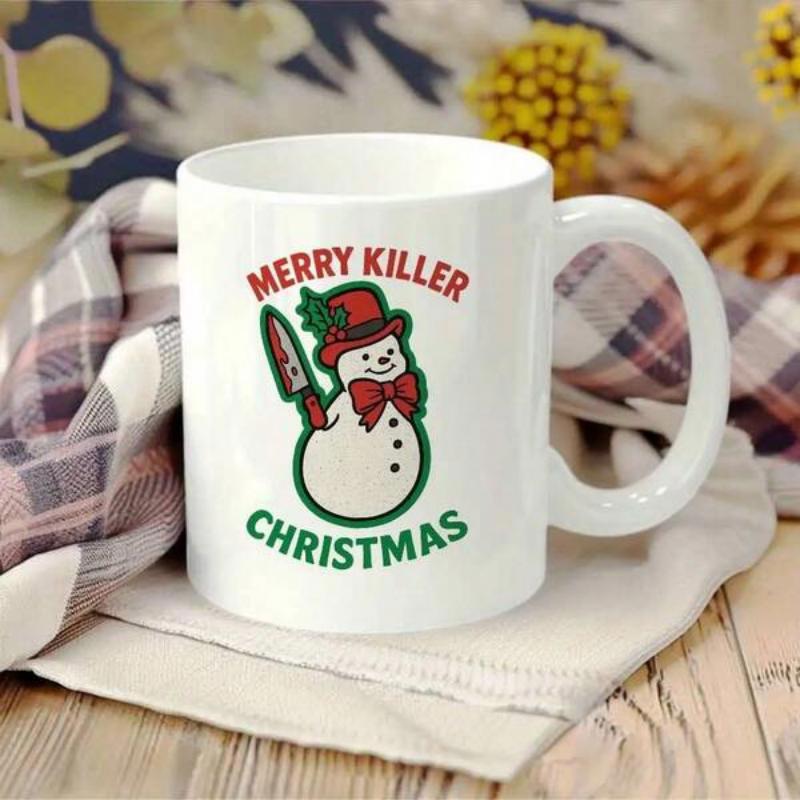 Tailorly White Ceramic 11 oz Mug - Merry Killer Christmas Evil Winter Snowman Holding Bloody Knife Wearing Red Hat Snowman