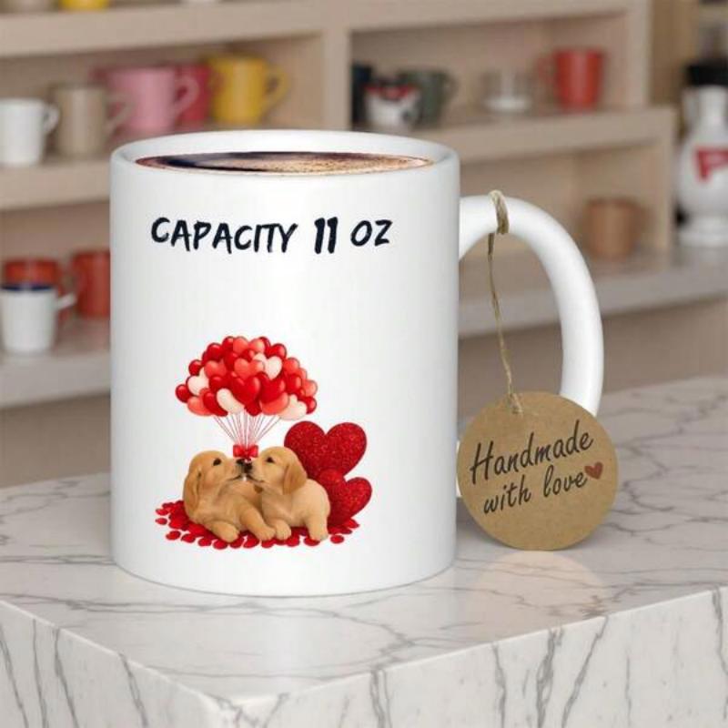 Tailorly White Ceramic 11 oz Mug - Capacity 11 Oz Handmade With Love Two Adorable Golden Retriever Puppies Sharing Red Heart Balloons Among Small Hearts Dog