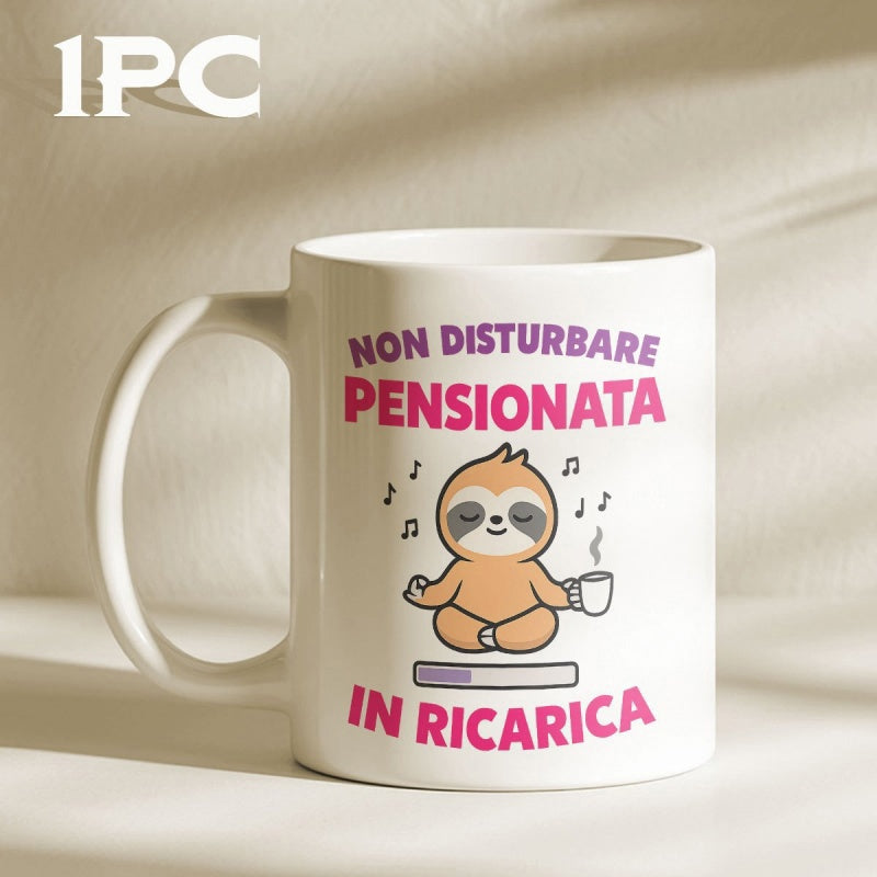 Tailorly White Ceramic 11 oz Mug - Peaceful Cartoon Sloth Holding Small Coffee Mug Under Loading Bar Sloth