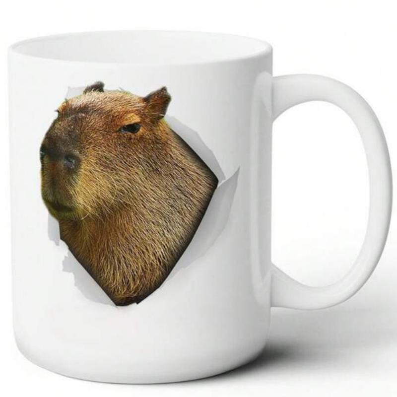 Tailorly White Ceramic 11 oz Mug - Realistic Brown Fur Animal Peering Through A Creative White Torn Paper Capybara