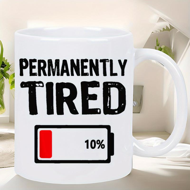 Tailorly White Ceramic 11 oz Mug - Permanently Tired Minimalist Charging Icon With Red Low Power Level Indicator Battery
