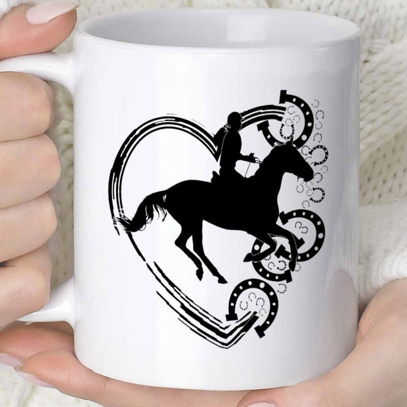 Tailorly White Ceramic 11 oz Mug - Elegant Silhouette Of Equestrian Rider Jumping Inside Artistic Heart Shaped Frame Horse