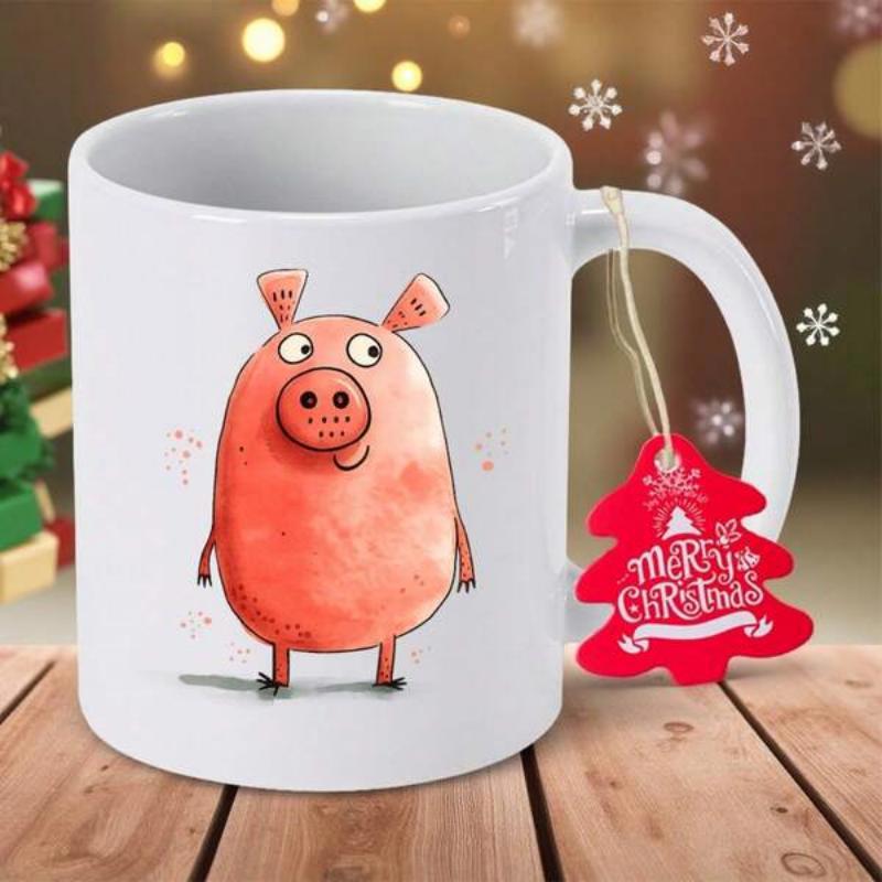 Tailorly White Ceramic 11 oz Mug - Merry Christmas Whimsical Hand Drawn Pink Animal Character Standing On Subtle Surface Pig