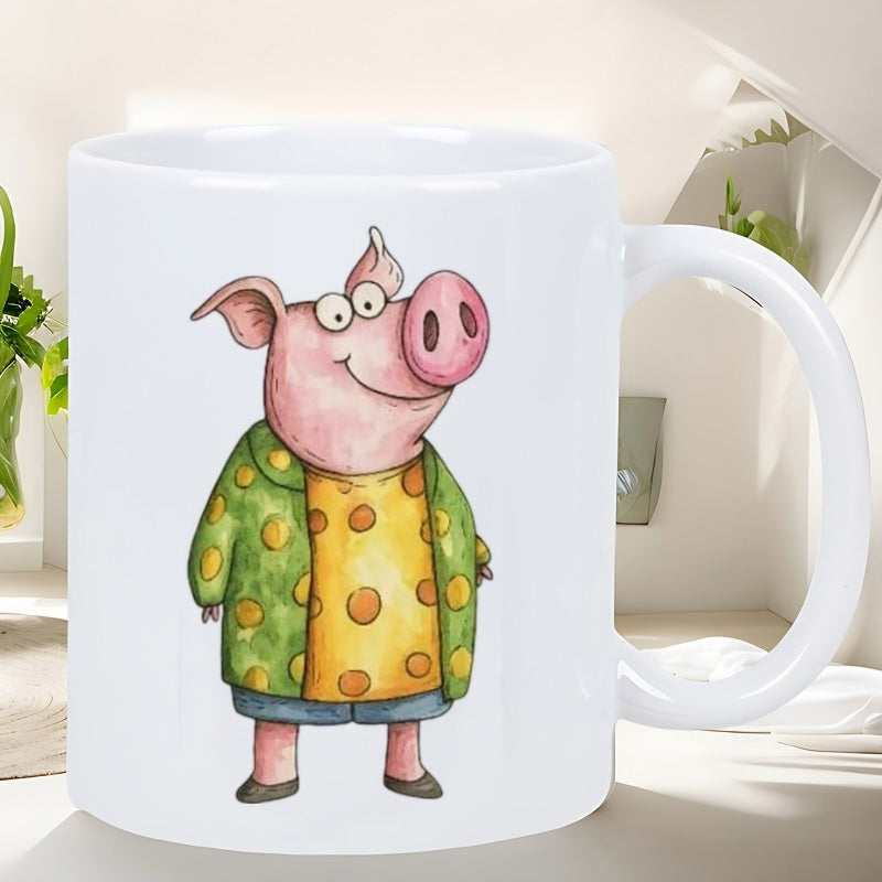 Tailorly White Ceramic 11 oz Mug - Cute Hand Painted Watercolor Illustration Of A Smiling Pink Farm Character Pig