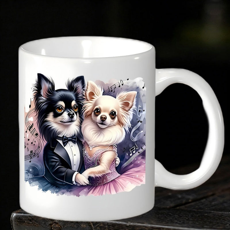 Tailorly White Ceramic 11 oz Mug - Elegant Ballroom Dressed Long Haired Pair Wearing Tuxedo And Pink Tutu Chihuahua