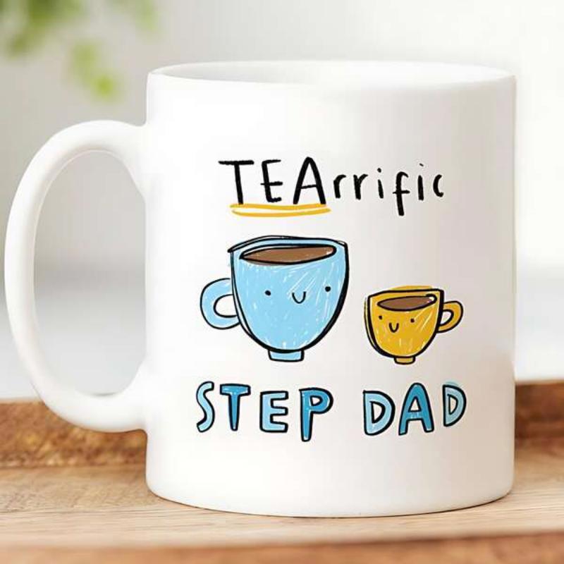 Tailorly White Ceramic 11 oz Mug - Tearrific Step Dad Two Smiling Cartoon Tea Cups Sitting On A Clean Surface Cup