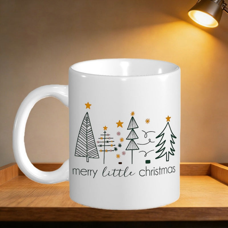 Tailorly White Ceramic 11 oz Mug - Merry Little Christmas Minimalist Hand Drawn Evergreen Trees With Golden Stars Above Christmas Tree