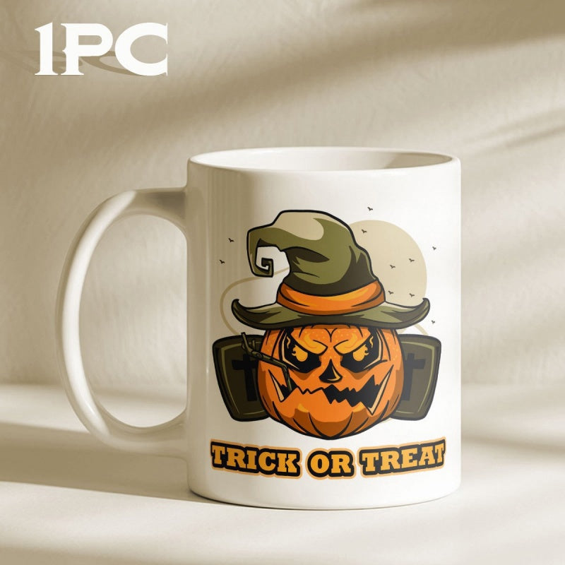 Tailorly White Ceramic 11 oz Mug - Trick Or Treat Spooky Halloween Jack O Lantern Wearing A Weathered Green Witch Hat Pumpkin
