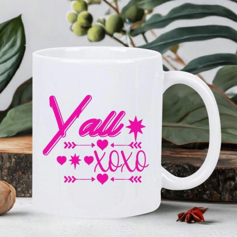 Tailorly White Ceramic 11 oz Mug - Yall Xoxo Vibrant Pink Hearts And Arrows Adorning A Simple Elegant