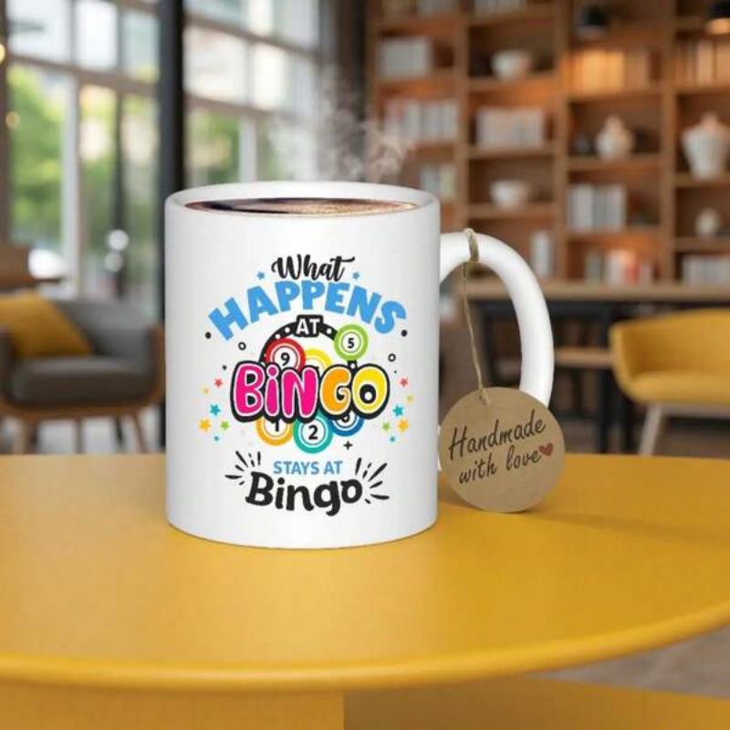 Tailorly White Ceramic 11 oz Mug - What Happens At Bingo Stays At Bingo Vibrant Colorful Game Balls Surrounded By Decorative Festive Party Confetti Bingo