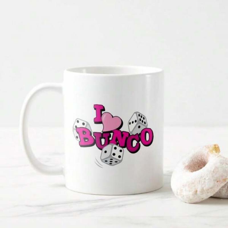Tailorly White Ceramic 11 oz Mug - I Bunco Stylized Pink Bubbly Text Surrounded By Scattered White Dotted Gaming Dice