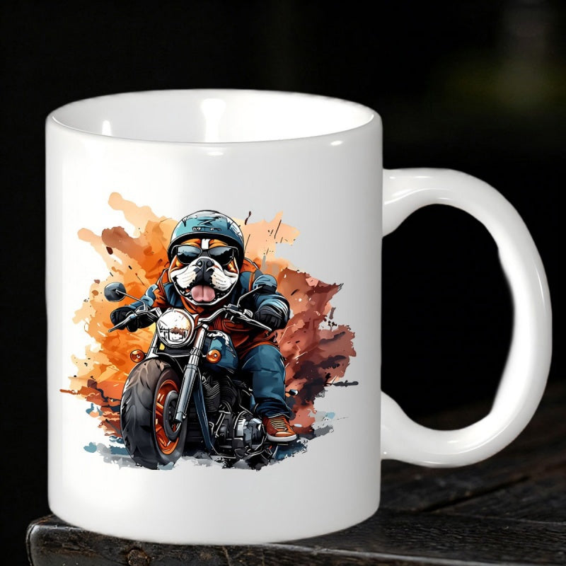 Tailorly White Ceramic 11 oz Mug - Cool Biker Character Riding A Vintage Motorcycle Through Vibrant Artistic Watercolor Splashes Bulldog