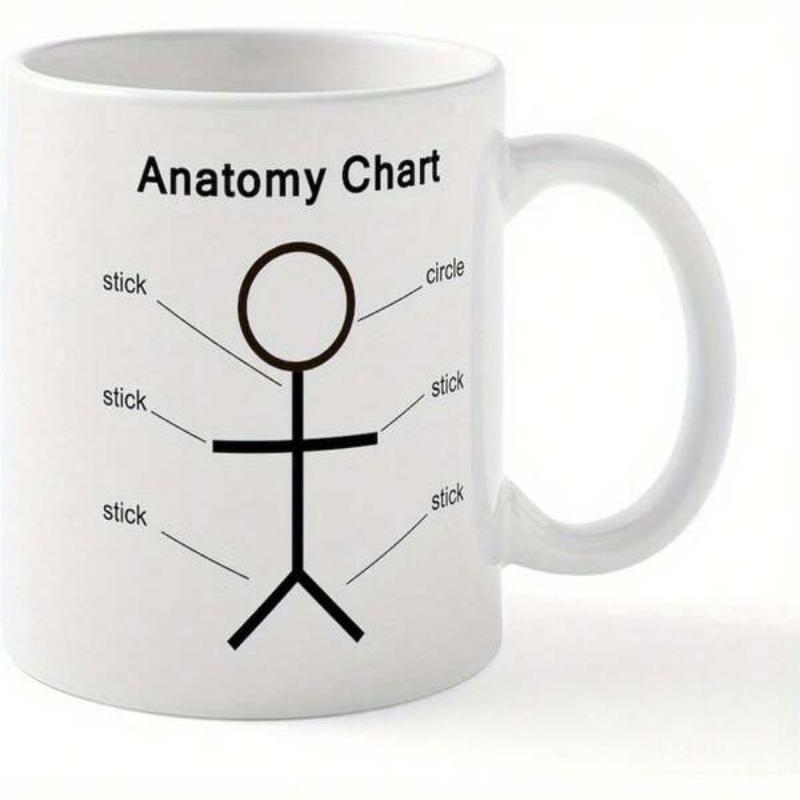 Tailorly White Ceramic 11 oz Mug - Anatomy Chart Stick Circle Minimalist Black Line Illustration Depicting A Humorous Human Body Structure Figure