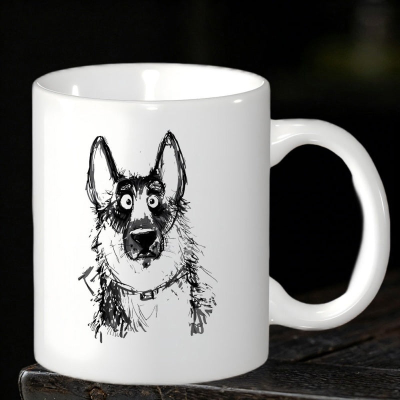 Tailorly White Ceramic 11 oz Mug - Hand Drawn Artistic Ink Sketch Of A Cute Expressive German Shepherd Dog