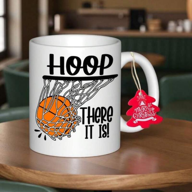 Tailorly White Ceramic 11 oz Mug - Hoop There It Is Dynamic Sports Net With Bold Motion Lines Around The Central Basketball