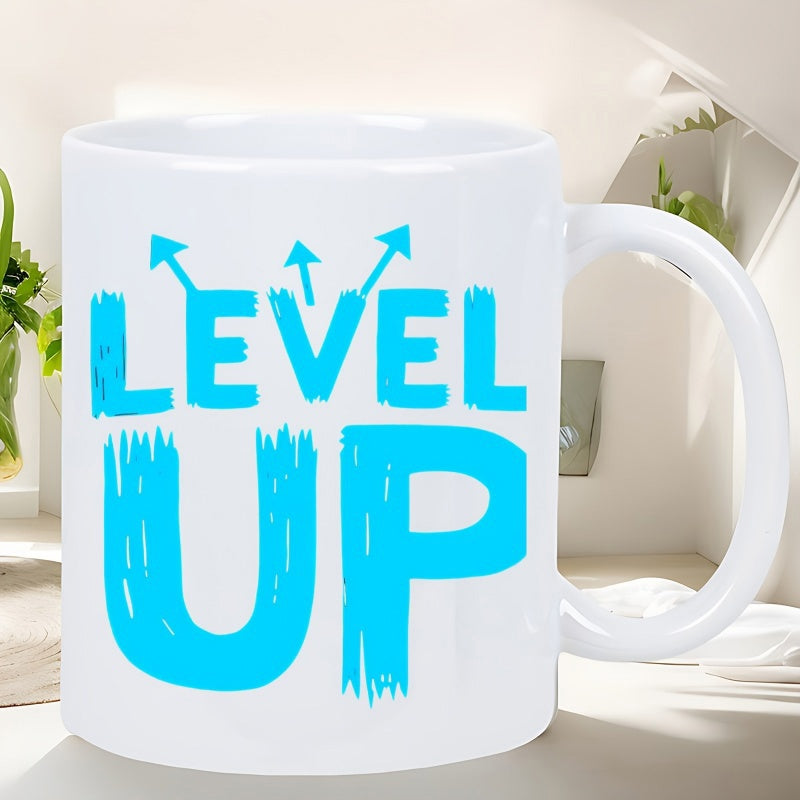 Tailorly White Ceramic 11 oz Mug - Level Up Cyan Artistic Brush Stroke Letters With Three Rising Arrows Mug