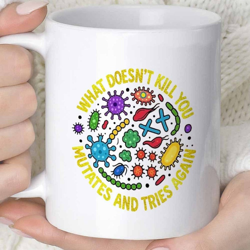 Tailorly White Ceramic 11 oz Mug - What Doesnt Kill You Mutates And Tries Again Vibrant Colorful Cartoon Virus And Bacteria Cells In Circular Pattern Microbes