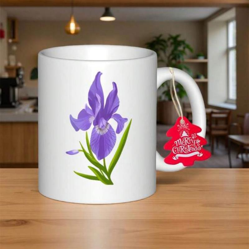 Tailorly White Ceramic 11 oz Mug - Elegant Purple Flower With Slender Green Leaves In Botanical Art Style Iris