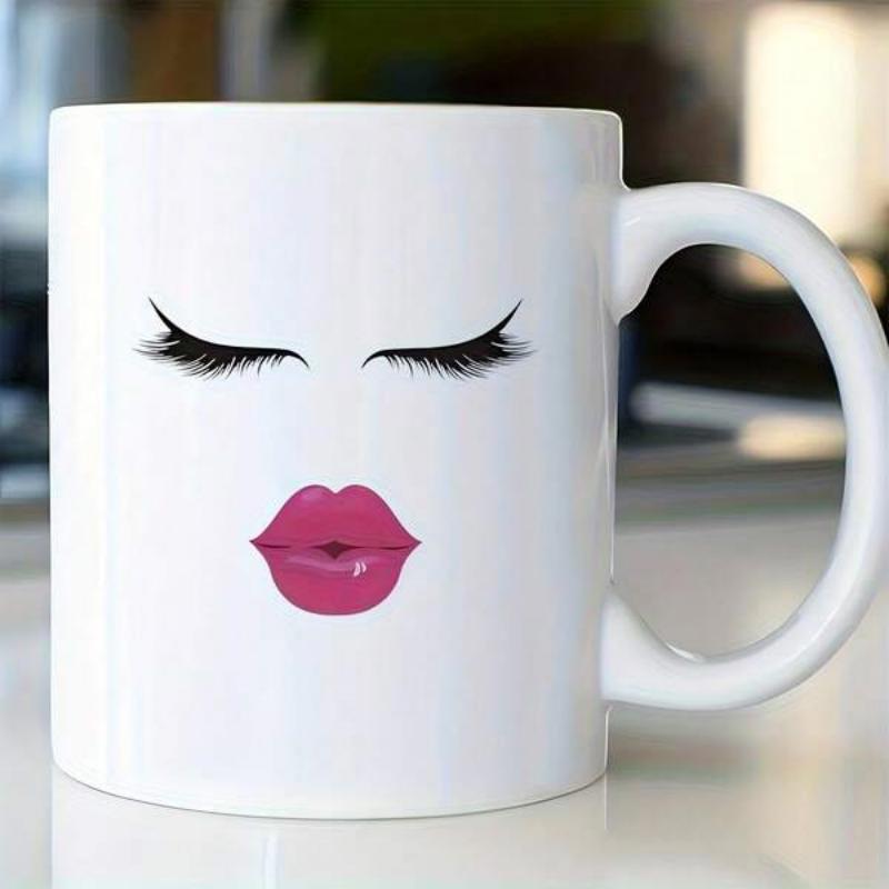 Tailorly White Ceramic 11 oz Mug - Graceful Long Eyelashes With Stylish Vibrant Pink Glossy Pouting Feminine Face