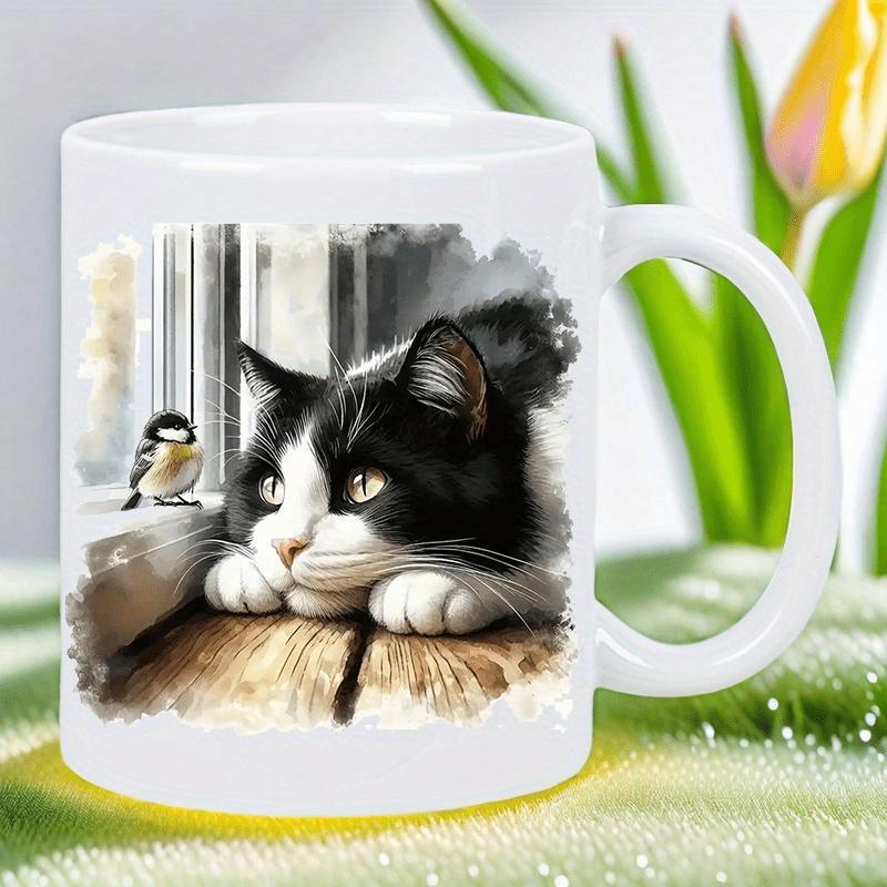 Tailorly White Ceramic 11 oz Mug - Adorable Tuxedo Feline Observing A Tiny Bird On A Wooden Surface Cat