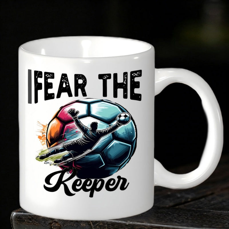 Tailorly White Ceramic 11 oz Mug - I Fear The Keeper Dynamic Colorful Design Featuring Athletic Goalkeeper Diving For A Save Soccer Ball