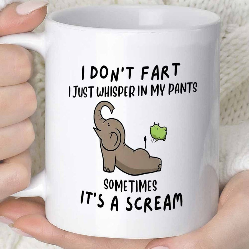 Tailorly White Ceramic 11 oz Mug - I Don't Fart I Just Whisper In My Pants Sometimes It's A Scream Funny Brown Yoga Pose With Farting Small Green Cloud Elephant
