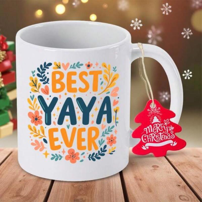 Tailorly White Ceramic 11 oz Mug - Best Yaya Ever Elegant Hand Drawn Floral Wreath With Vibrant Petals And Lush Green Leaves Mug