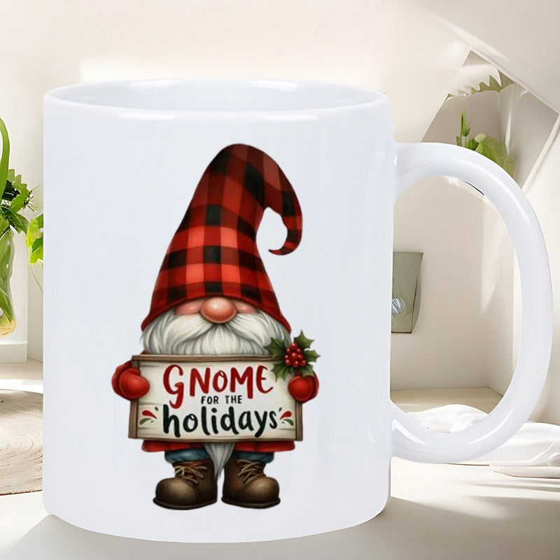 Tailorly White Ceramic 11 oz Mug - Gnome For The Holidays Wearing Red Plaid Hat Holding A Festive Wooden Sign Decorative Christmas Gnome