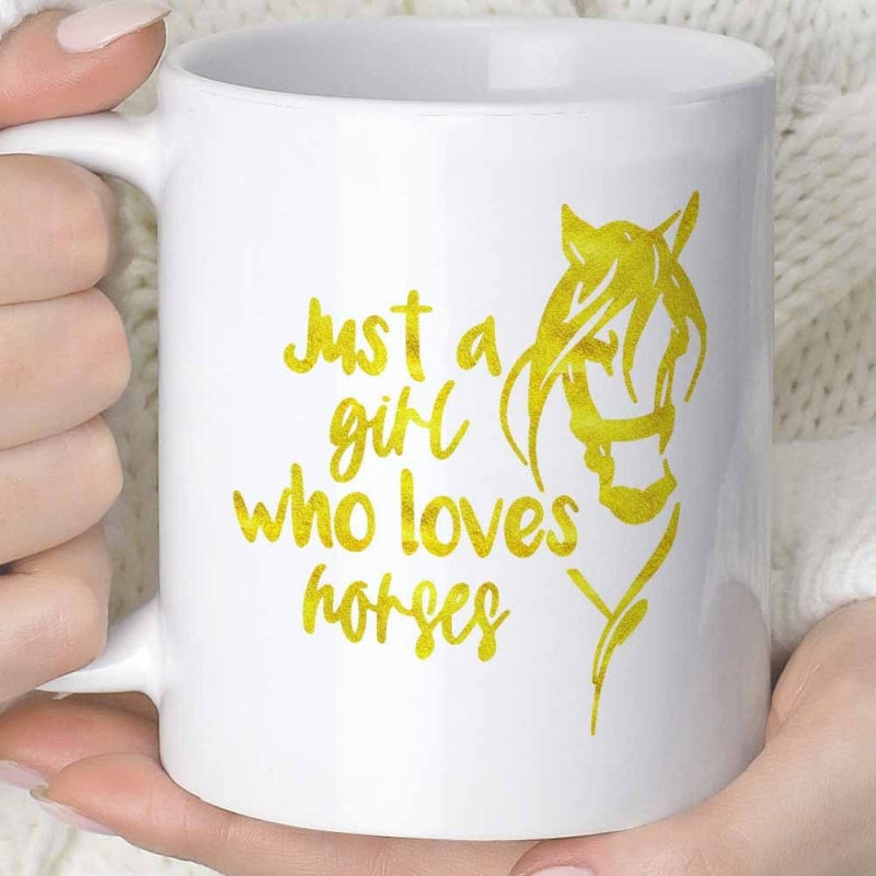 Tailorly White Ceramic 11 oz Mug - Just A Girl Who Loves Horses Golden Yellow Minimalist Silhouette With Elegant Artistic Lines Horse