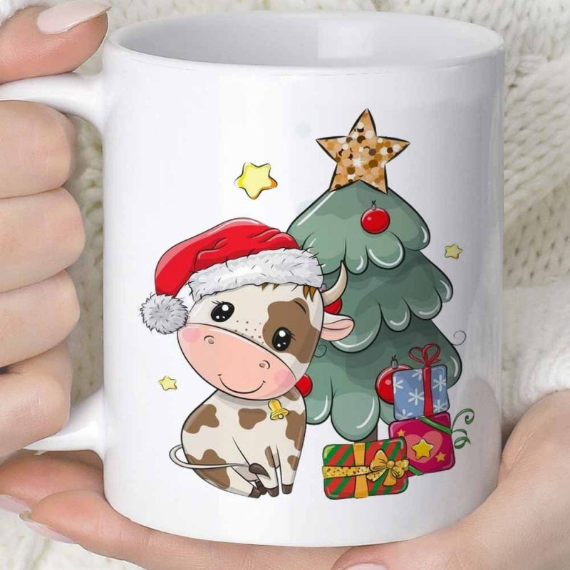 Tailorly White Ceramic 11 oz Mug - Festive Holiday Scene With Decorated Tree And Gifts Beside Cute Spotted Cow