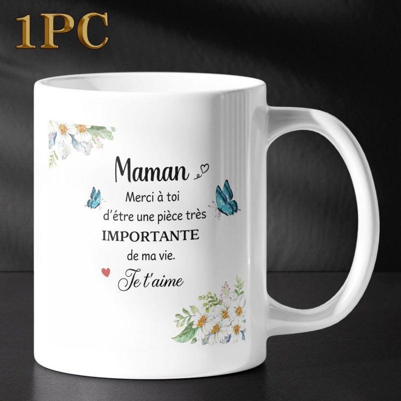 Tailorly White Ceramic 11 oz Mug - Soft Watercolor Petals Among Delicate Blue Flying Butterflies In Morning Light Flower