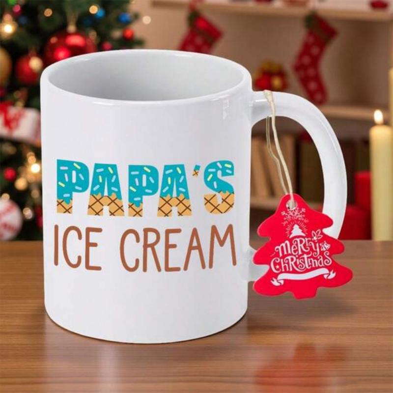 Tailorly White Ceramic 11 oz Mug - Papas Ice Cream White Ceramic Drinking Cup With Playful Waffle Pattern Ice Cream Mug