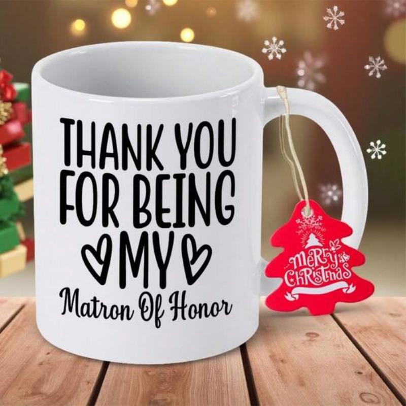 Tailorly White Ceramic 11 oz Mug - Thank You For Being My Matron Of Honor Elegant White Ceramic Vessel With Hearts And Bold Script Typography Mug