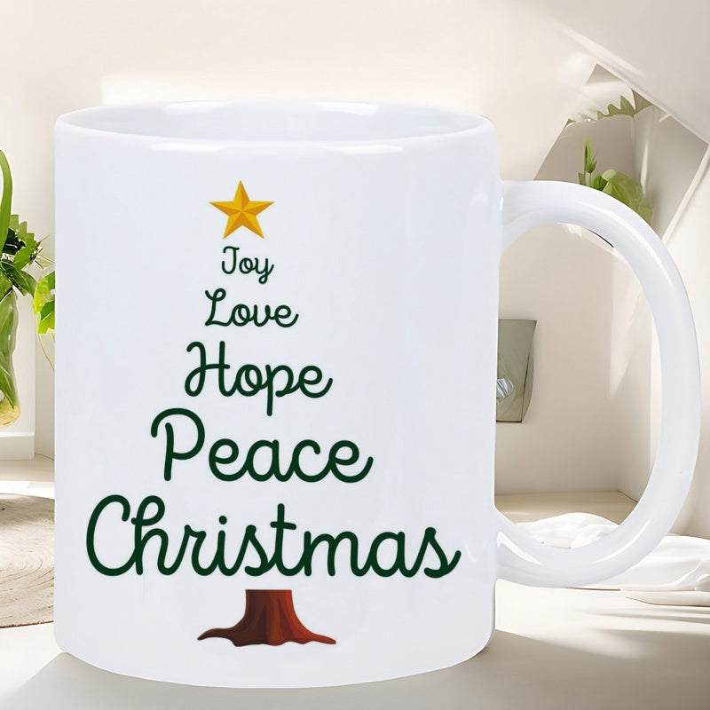 Tailorly White Ceramic 11 oz Mug - Joy Love Hope Peace Christmas Festive Script Typography Forming A Minimalist Silhouette With Golden Star Christmas Tree