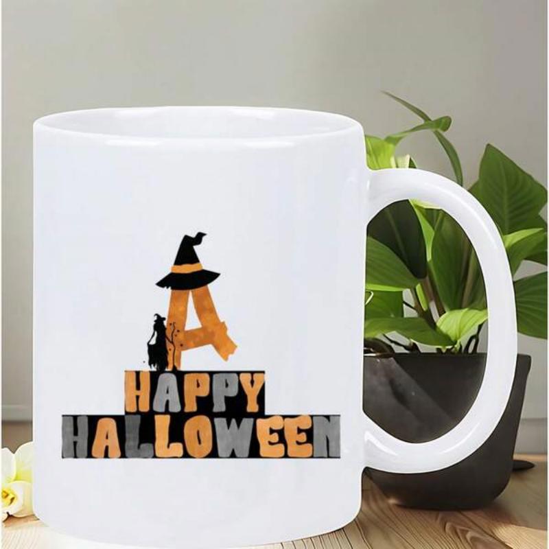 Tailorly White Ceramic 11 oz Mug - Happy Halloween Stylized Orange Letter A Wearing Black Witch Hat On