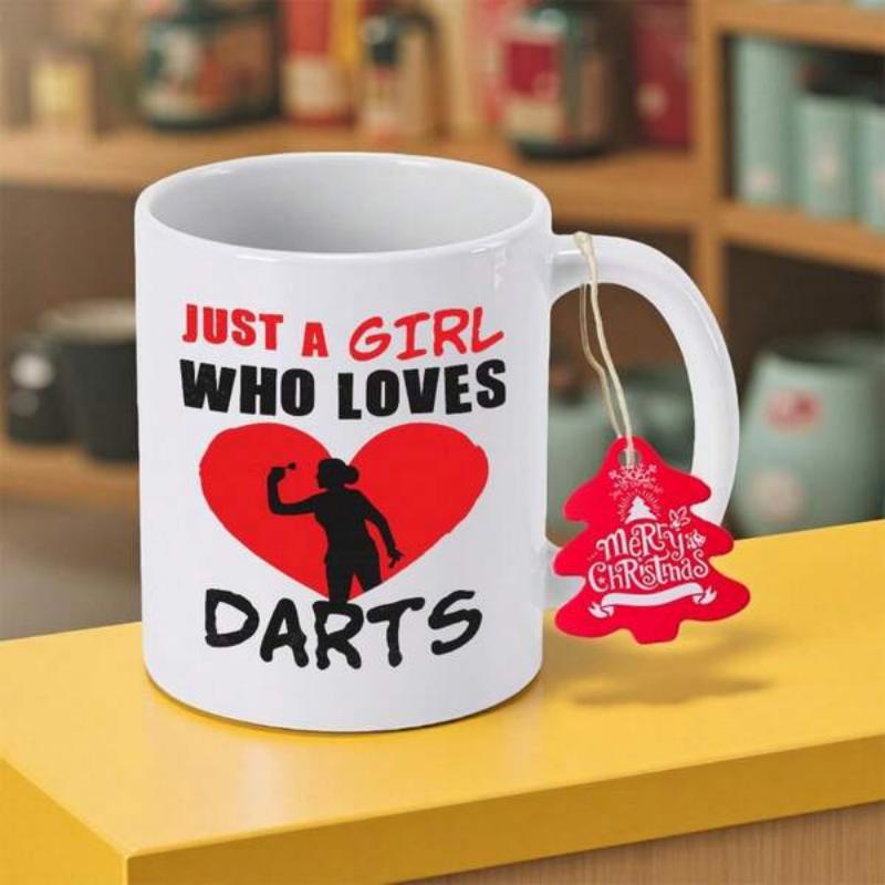 Tailorly White Ceramic 11 oz Mug - Just A Girl Who Loves Darts Vibrant Red Heart Featuring A Black Silhouette Aiming A Sharp Projectile Darts
