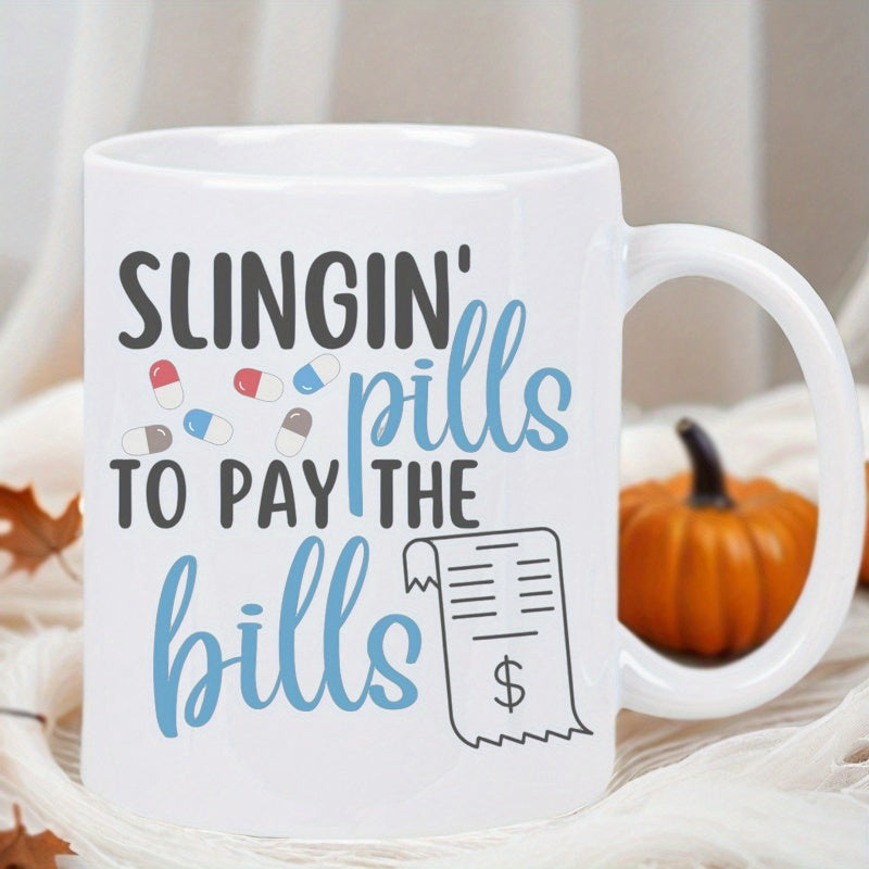 Tailorly White Ceramic 11 oz Mug - Slingin Pills To Pay The Bills Scattered Colorful Medical Capsules Beside A Detailed Paper Receipt Financial Document Mug
