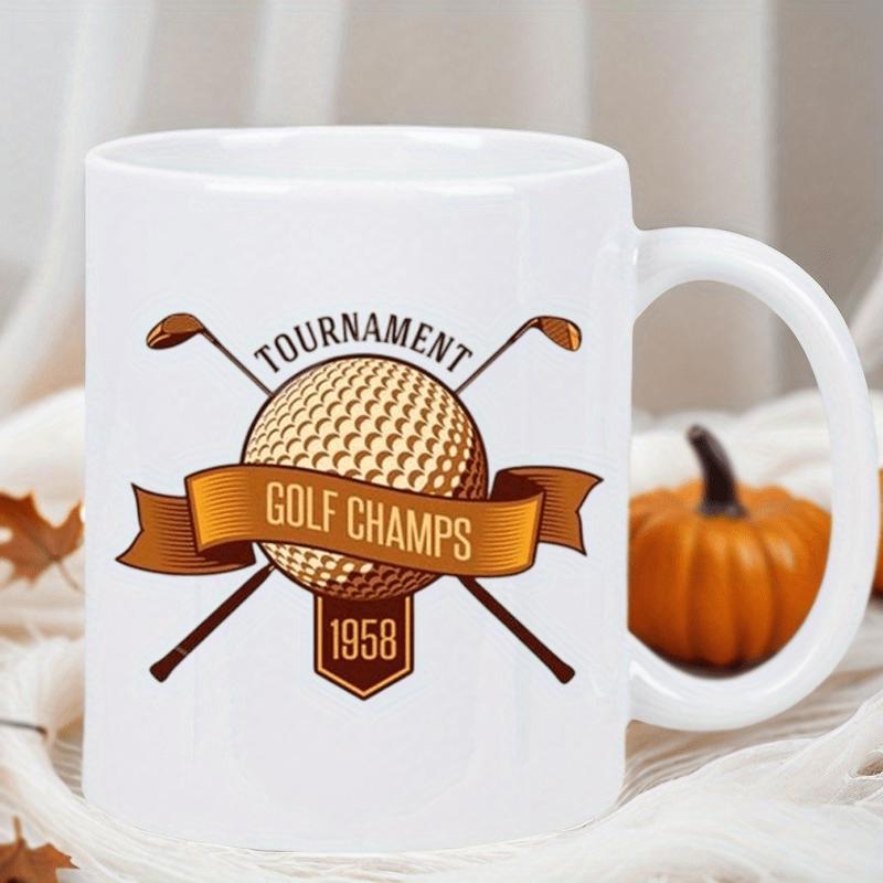 Tailorly White Ceramic 11 oz Mug - Tournament Golf Champs 1958 Vintage Crossed Clubs Behind A Classic Textured Sporting Golf Ball