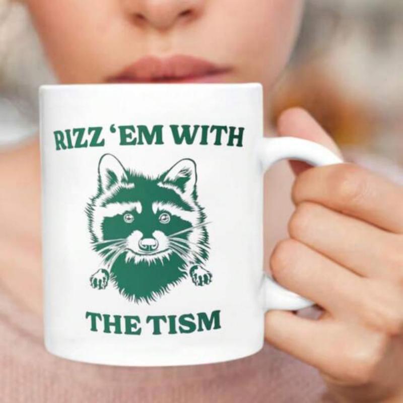 Tailorly White Ceramic 11 oz Mug - Rizz Em With The Tism Adorable Hand Drawn Forest Animal Peeking Over Edge Design Raccoon