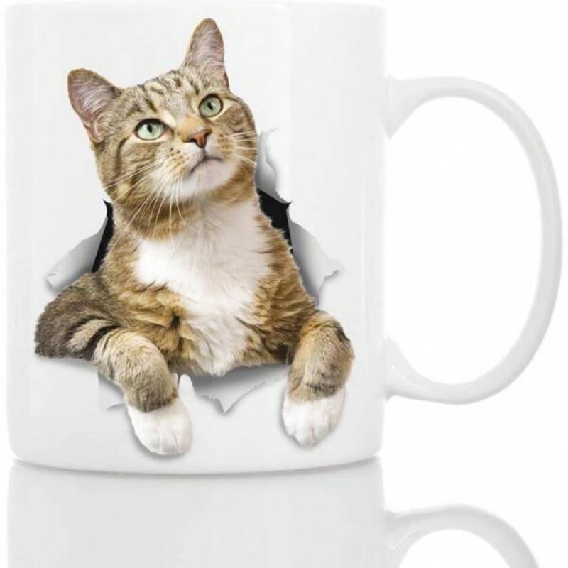 Tailorly White Ceramic 11 oz Mug - Realistic Brown Tabby Poking Through A Torn Hole With Alert Expression Cat